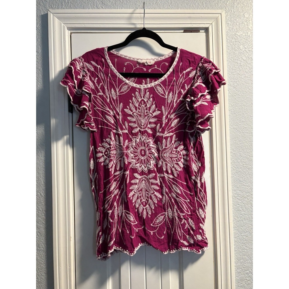 Solitaire Magenta Embroidered Ruffle Sleeve Blouse